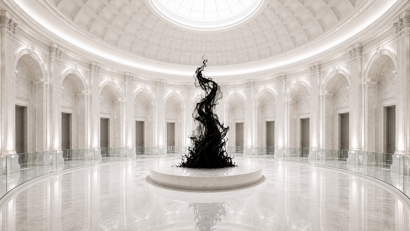 Monumental pale marble rotunda with a dark Flame rising from a central plinth