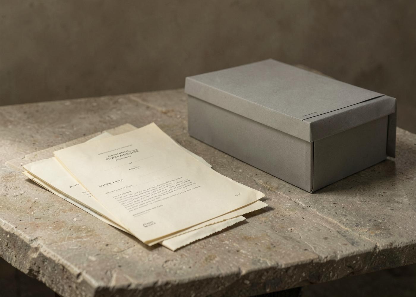 Archival documents and a plain grey archive box on stone