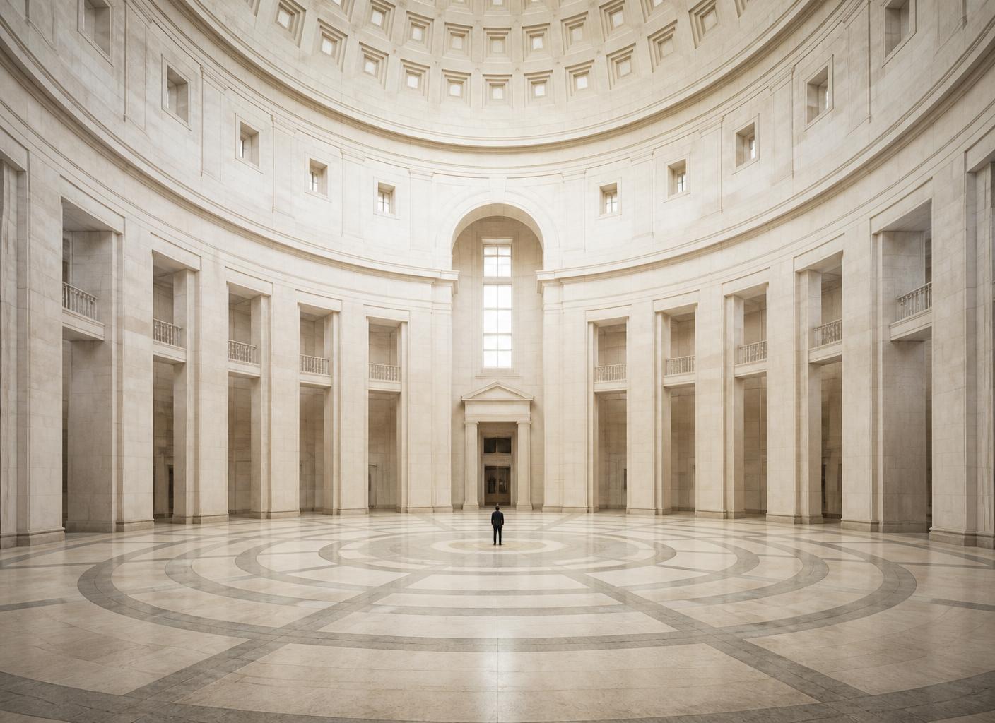A lone figure within an ordered stone hall, positioned at a threshold