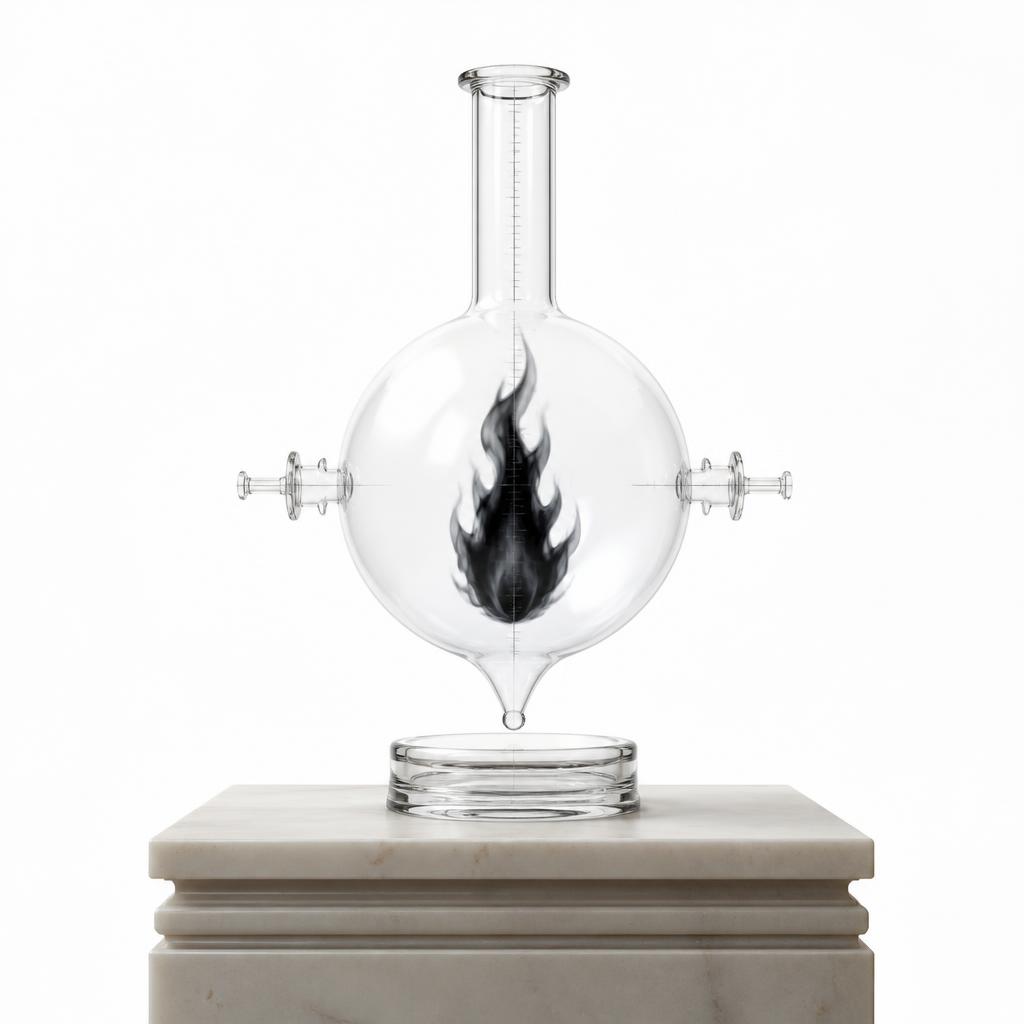 A black Flame suspended inside a precise laboratory vessel on a stone pedestal