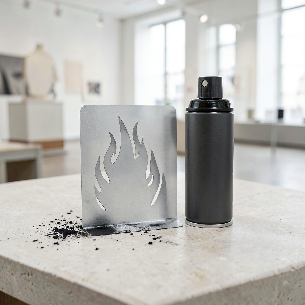 Metal Flame stencil and spray can on a pale stone worktable